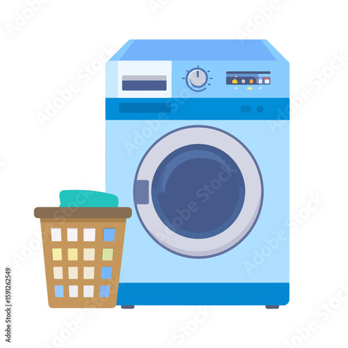 Blue front-loading washing machine and a checkered laundry basket with clothes. Flat vector illustration.