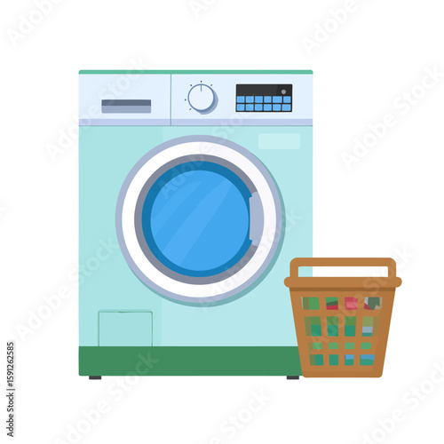 Modern light blue front-loading washing machine with a brown laundry basket full of clothes.