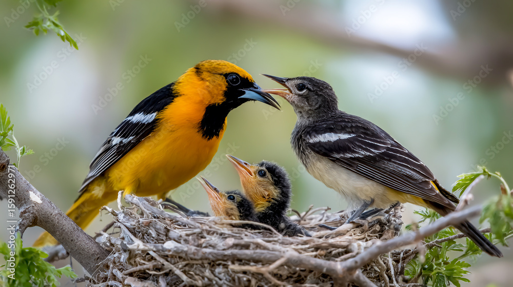 Obraz premium Black and yellow orioles with a dark grey chest and a white belly, are in their nest feeding baby birds