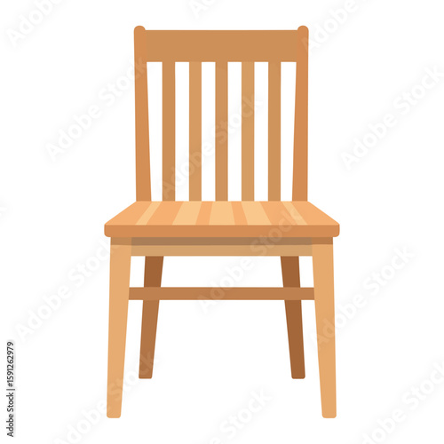 Simple light brown wooden chair with a vertical slatted backrest, front view illustration.