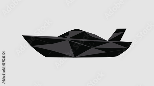 Striking low poly black yacht elegantly floats on a bright white backdrop, showcasing a modern digital art style and geometric design.