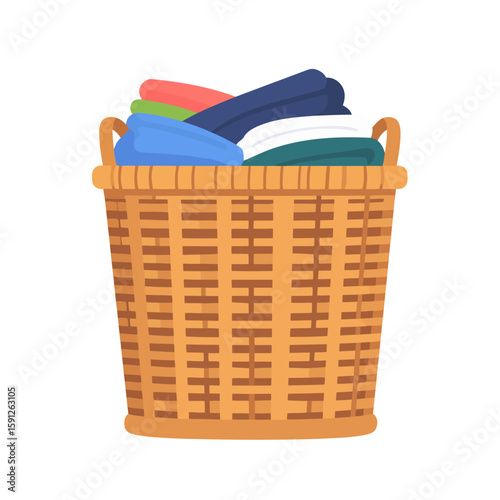 Brown wicker laundry basket full of neatly folded colorful clothes, flat vector illustration.