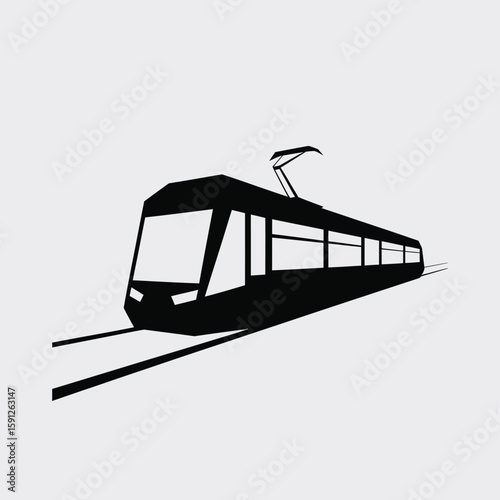 A sleek black silhouette of a modern tram gliding along its tracks, perfect for urban transport or transit design.