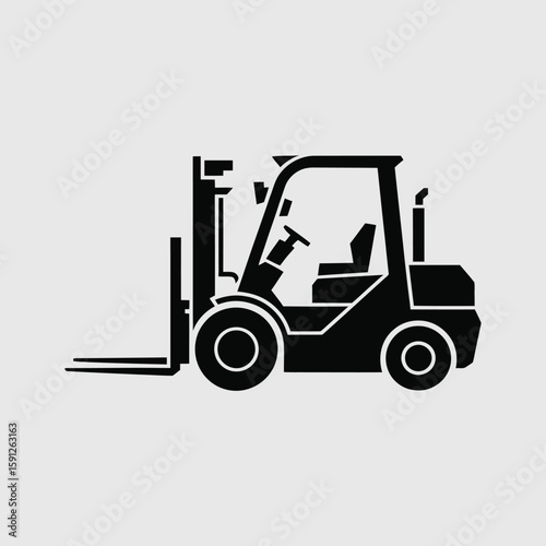 An isolated black forklift illustration depicts industrial equipment in a clear graphic style, suitable for design or manufacturing themes.