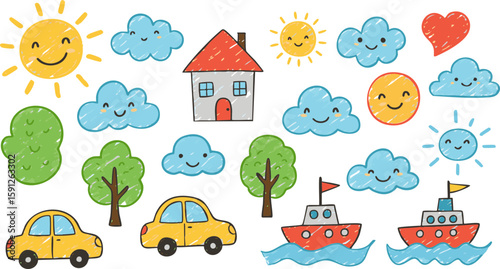 Seamless pattern with cartoon animals and houses, featuring cars on a road in a green city landscape with sky and clouds