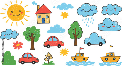 Seamless pattern with cartoon animals and houses, featuring cars on a road in a green city landscape with sky and clouds