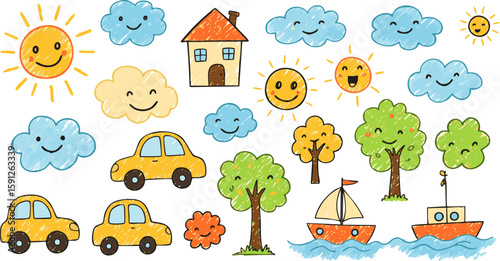 Seamless pattern with cartoon animals and houses, featuring cars on a road in a green city landscape with sky and clouds