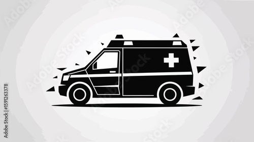 Emergency ambulance speeding to rescue, depicted in a stylized monochrome graphic with medical symbol, conveys urgency and healthcare.