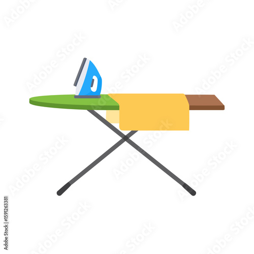 Flat design illustration of a blue iron on a green ironing board with a yellow cloth.
