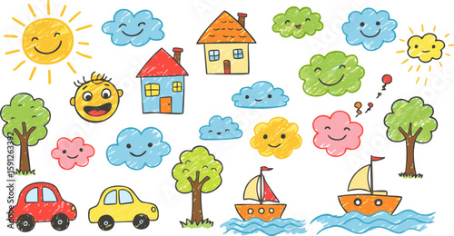 Seamless pattern with cartoon animals and houses, featuring cars on a road in a green city landscape with sky and clouds