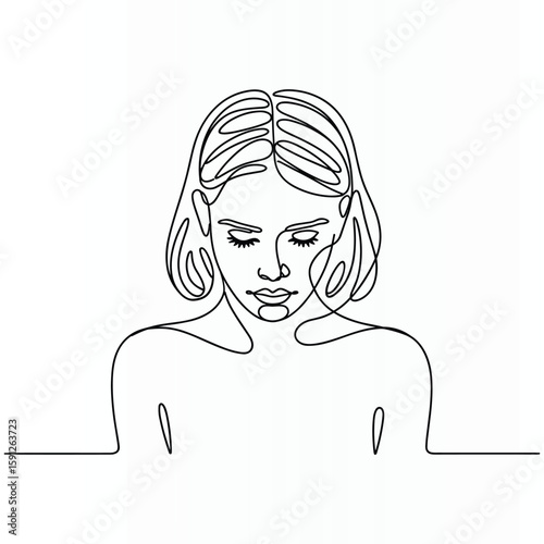 Woman Face Single  continuous Line Art Drawing