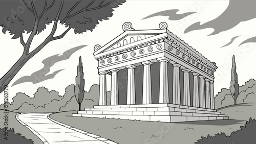 Ancient greek temple parthenon drawing illustration architecture landmark historic building column landscape art
