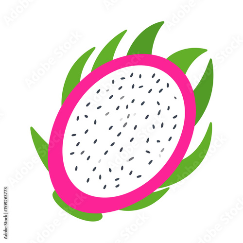 Vibrant flat illustration of a halved dragon fruit with a pink rind, white flesh, black seeds, and green scales.