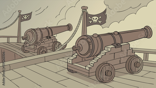 Vintage pirate ship cannons illustration drawing of old ship with skull flag and cannon for adventure story
