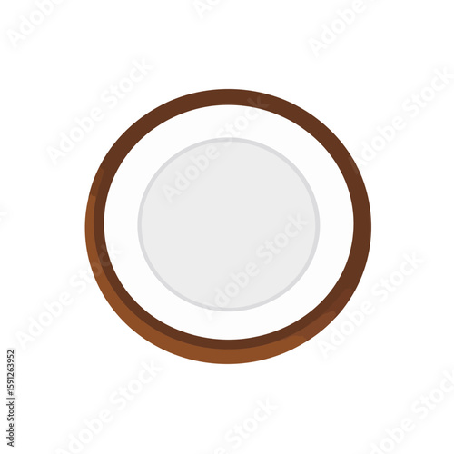 Minimalist flat design illustration of a halved coconut, showing a cross-section with white flesh and a brown shell.