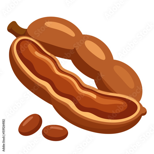 Tamarind fruit illustration with an opened pod showing sticky brown pulp and seeds.