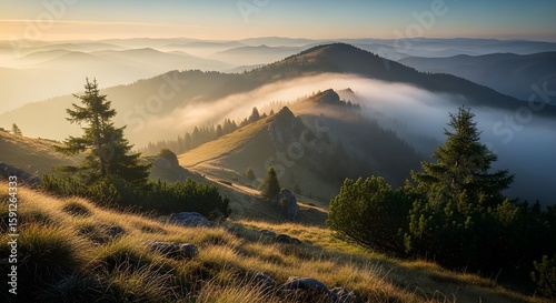 Peaceful golden hour landscape featuring rolling hills, misty mountains, grassy fields, winding pathway, and warm sunlight creating a calm and tranquil natural scene.