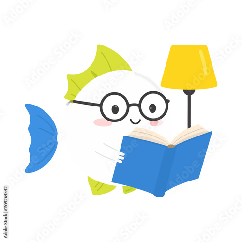Charming cartoon fish with glasses and colorful fins reading a blue book by lamplight.