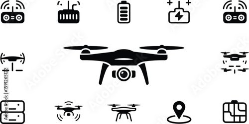 Drone and accessories icons including remote control battery charger and various drone perspectives shown