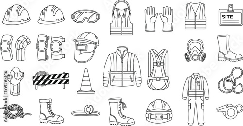 Vector art of an array of outlined safety equipment, including helmets, goggles, and vests, essential for ensuring protection in construction and industrial work environments
