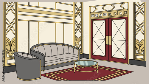 Drawing of art deco living room interior with sofa, chair, rug, and doors for interior design ideas