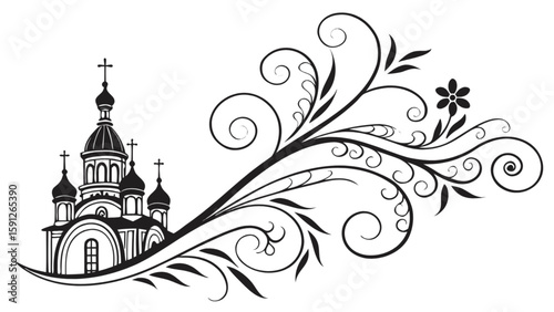 Black and white church vector illustration with floral ornament design element for religious projects and decoration