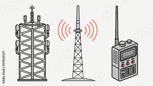 Illustration of communication towers, radio frequency, and portable radio for telecommunications network