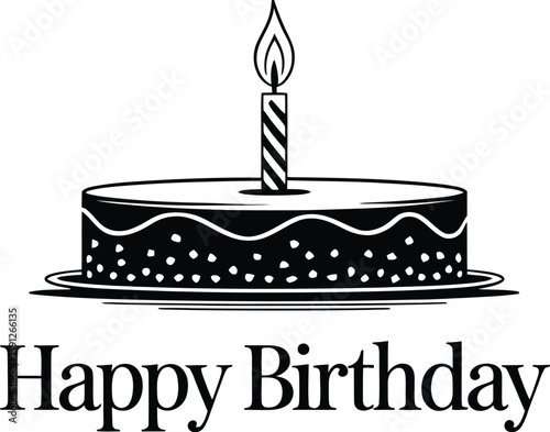 A simple drawing of a birthday cake with a candle and the words happy birthday at the bottom edge