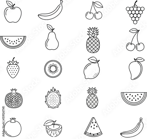 Fruit Outline Icons Vector Set - Healthy Produce Line Art Collection