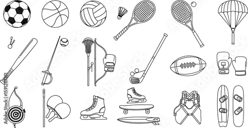 Vector art of an assortment of sporting equipment, from tennis rackets to snowboards, ready for action, isolated on white background