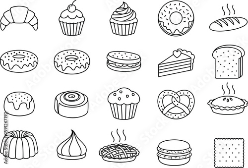 Bakery Pastry Dessert Outline Icon Set - Sweet Baked Goods Collection