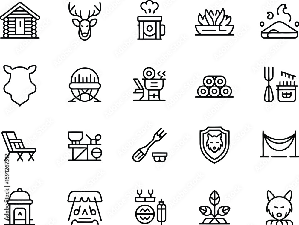 Fototapeta premium Line Art Set with Cabin, Deer, Campfire, Bear, and Wolf on Transparent Background