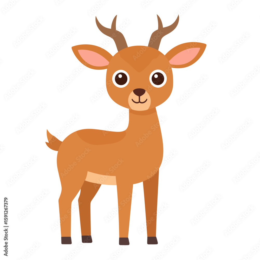 Fototapeta premium Adorable cartoon deer with big eyes and small antlers. A cute, brown fawn character standing with a friendly smile.