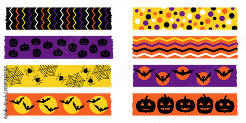 Cute Halloween masking tape set in seasonal black purple and orange. Vector washi tape with pumpkins bats and spiders. Perfect decorative borders for gift wrap craft projects and scrapbook layouts.
