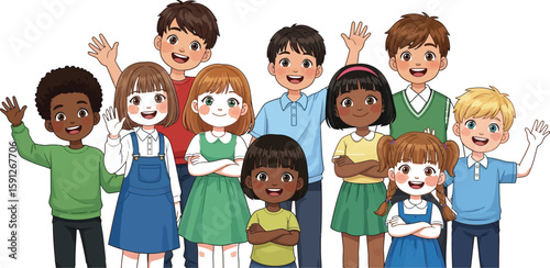 Smiling multiracial cartoon kids cheerfully wave, presenting a diverse group of young boys and girls standing together with happy expressions.