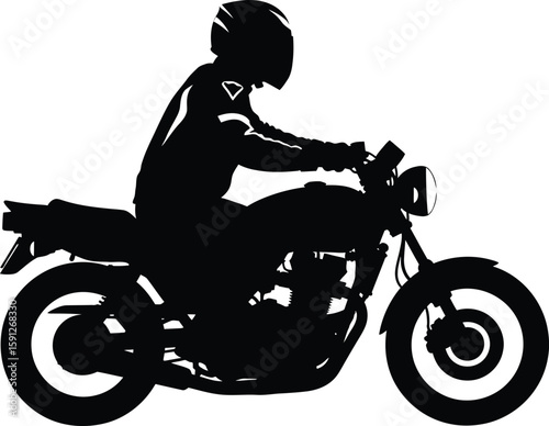 Black motorcycle silhouette features a rider with helmet for transportation and motorcycling designs
