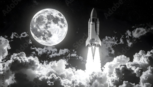 Space Rocket Launching at Night Under a Full Moon