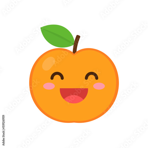 Happy smiling cartoon orange fruit character with rosy cheeks and a green leaf.
