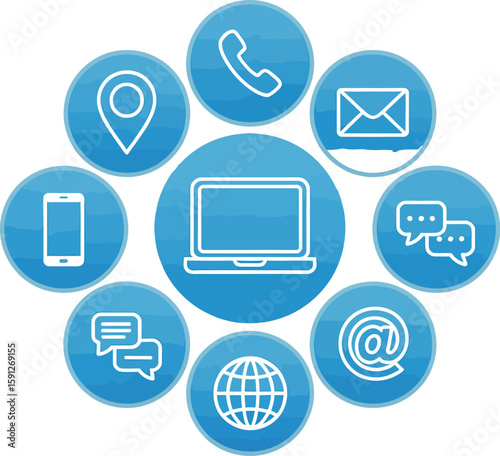 Contact information icons arranged in a circle on a blue background representing communication methods