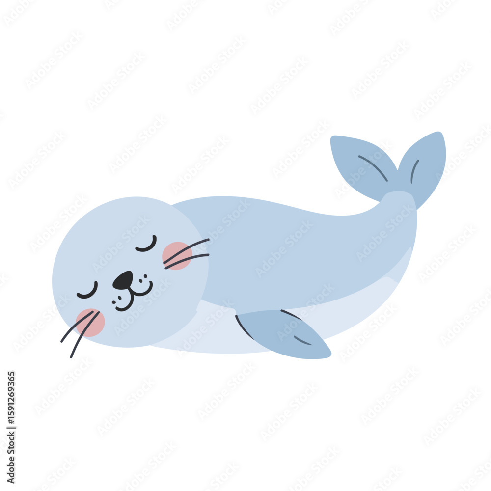 Obraz premium Cute light blue cartoon seal pup resting peacefully with closed eyes and pink cheeks.
