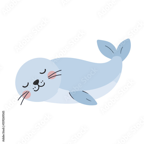 Cute light blue cartoon seal pup resting peacefully with closed eyes and pink cheeks.