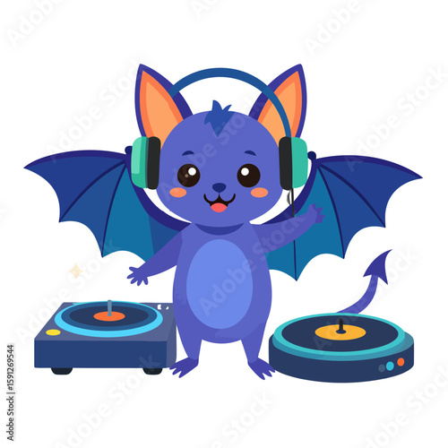 Cute purple cartoon bat DJ wearing headphones and mixing music on turntables.