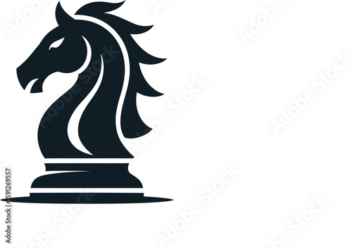 A stylized black chess knight piece on a white background with checkmate text in the corner area