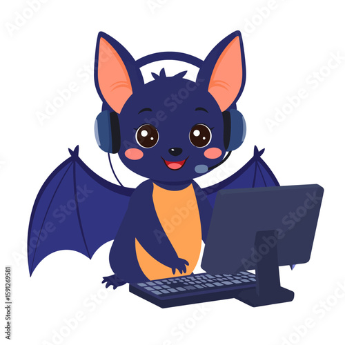 Cute blue cartoon bat gamer with a headset, smiling at a computer keyboard.