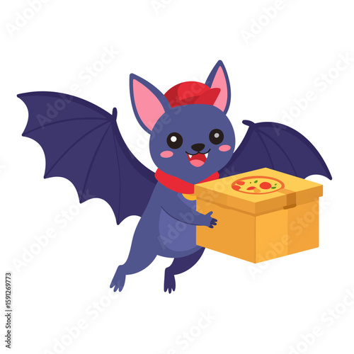 Cute cartoon bat courier in a red cap flying while delivering a pizza box.