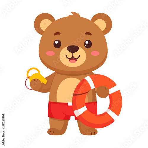 Cute cartoon bear lifeguard in red swim trunks holding a lifebuoy and a yellow whistle.
