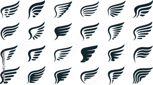 Collection of twenty four stylized black wing illustrations on a white background in a grid pattern