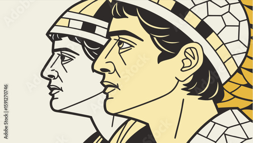 Two roman emperors profile art illustration in yellow and black color scheme digital artwork design concept