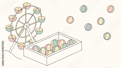 Ferris wheel and ball pit illustration for amusement park or carnival themed design and fun fair graphics