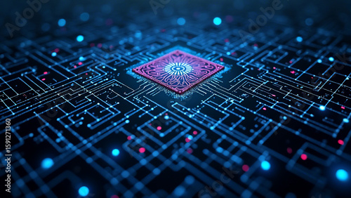 Top-down view of a futuristic maze-shaped circuit board with glowing lines, visualizing the logic behind crypto mining, encryption, and blockchain processes in an abstract technology-inspired design